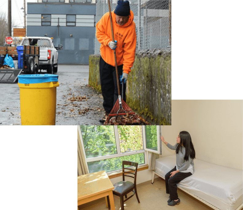 Collage photo of man raking leafs and woman looking out window