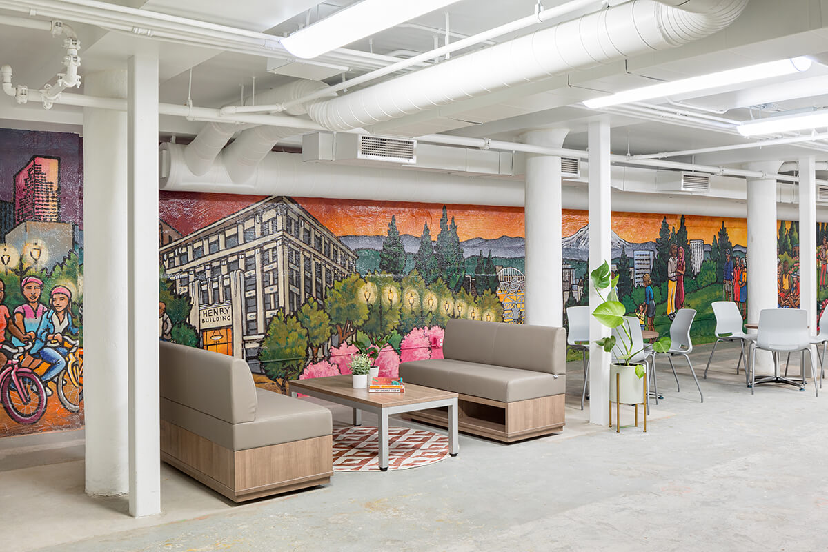 Seating area with colorful mural