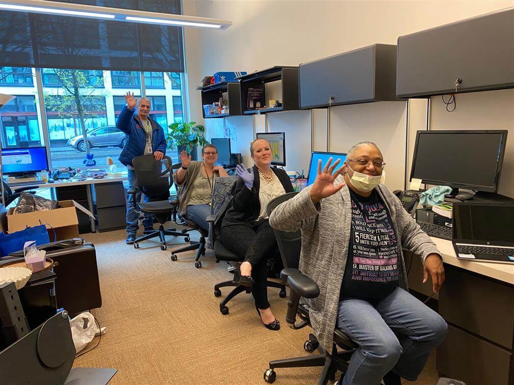 Members of the CCCRC Intensive Outpatient Team practice social distancing while keeping the doors open to clients on site. From left: Bobby Tsow, Primary Counselor; Marissa Donovan, Peer Support Specialist; Jennifer Zimmerman, Administrative Support Specialist; Carmaleta Anderson, Primary Counselor.