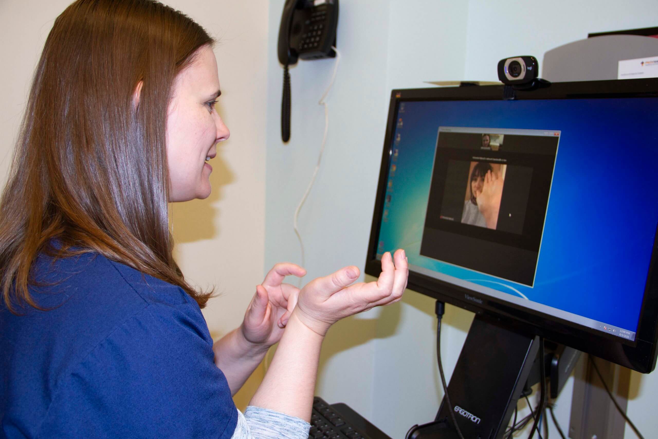 A provider meets with a patient via telehealth visit on the computer.
