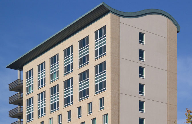 Exterior showing top few floors of the Richard L Harris Building