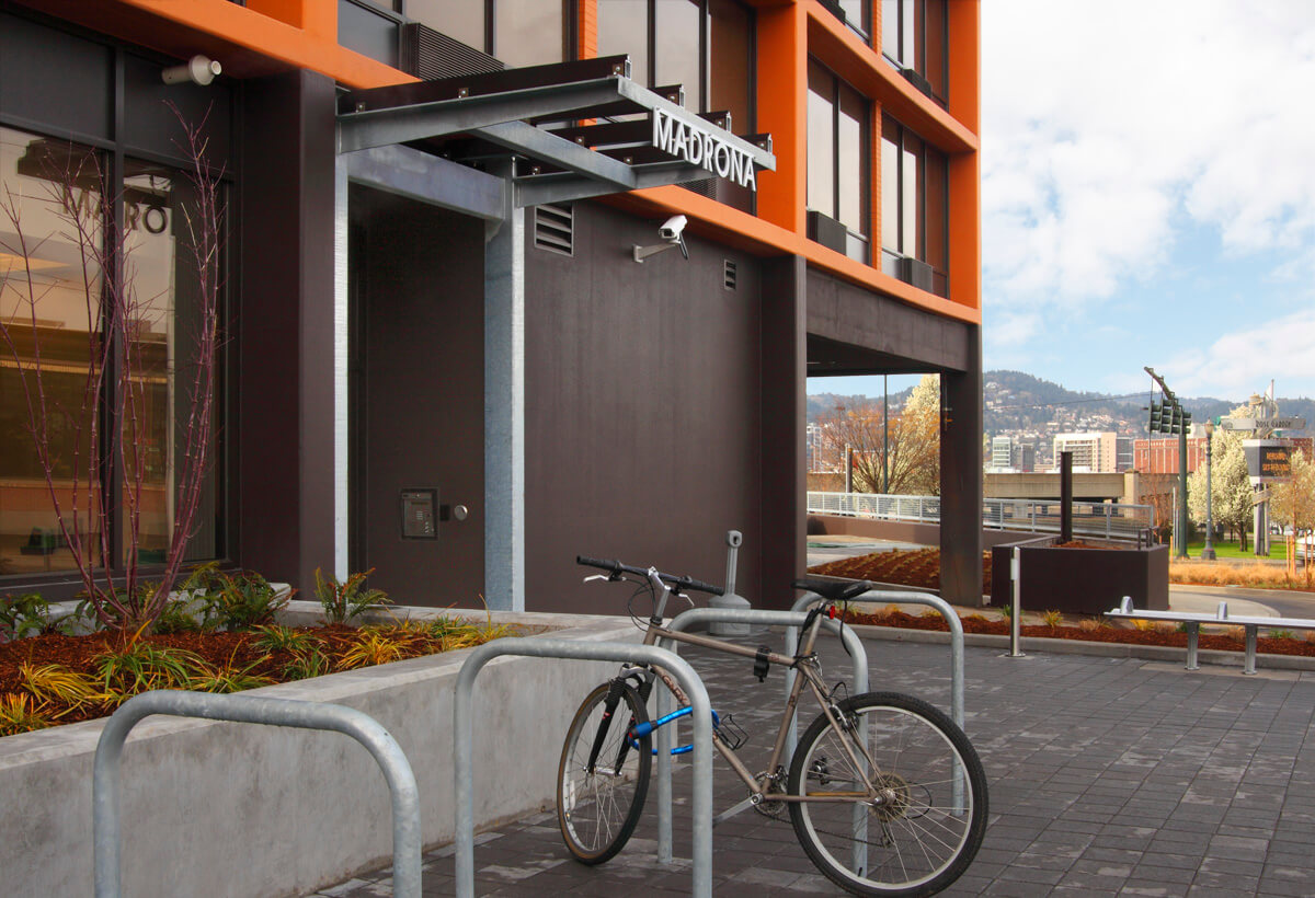 Exterior of Madrona Studios showing bike rake